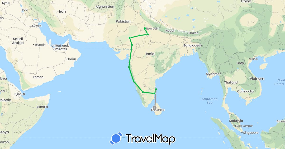 TravelMap itinerary: driving, bus, plane in India, Sri Lanka (Asia)